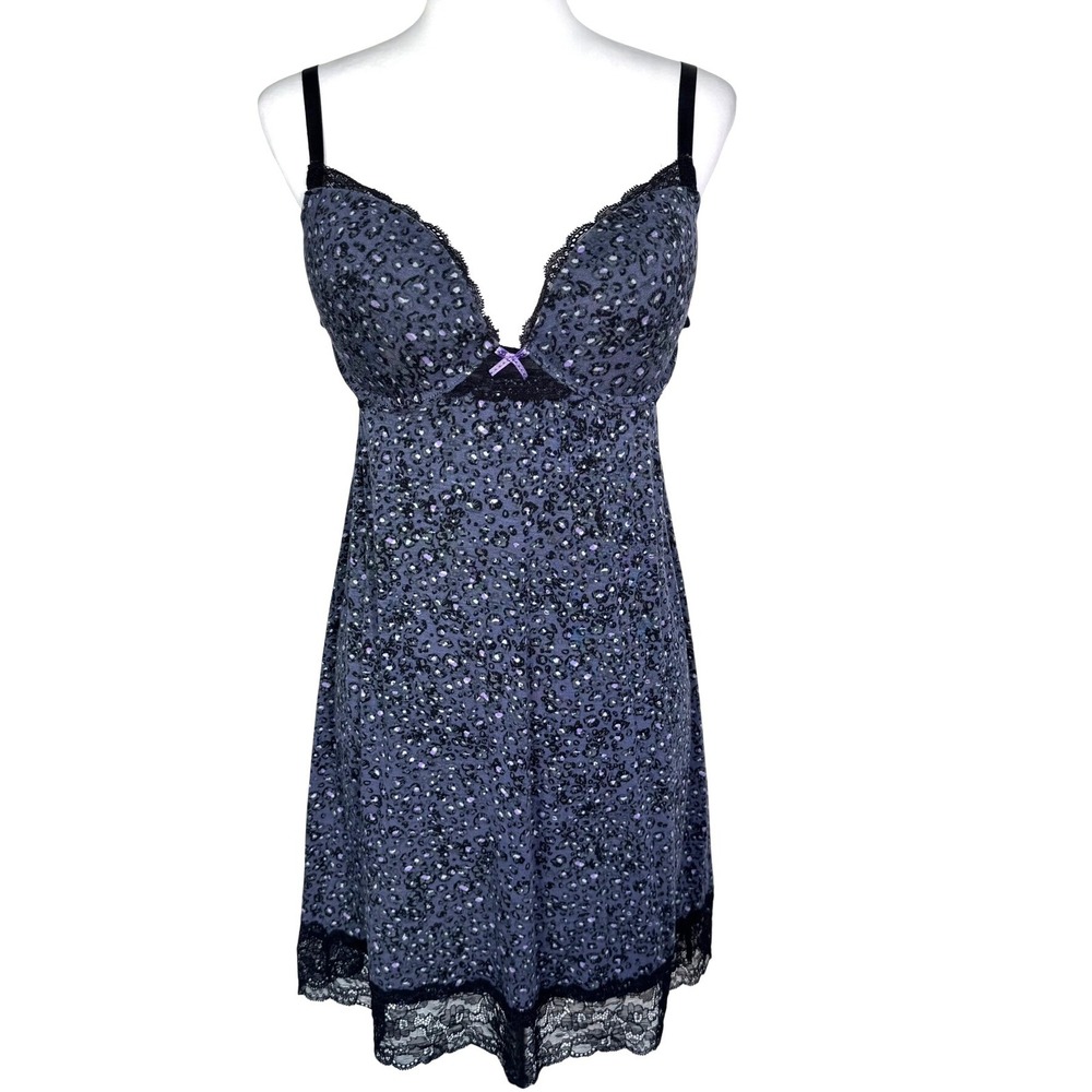 VERA WANG Women's XL Purple Black Leopard Lace Trim‎ Chemise Nightgown Lingerie